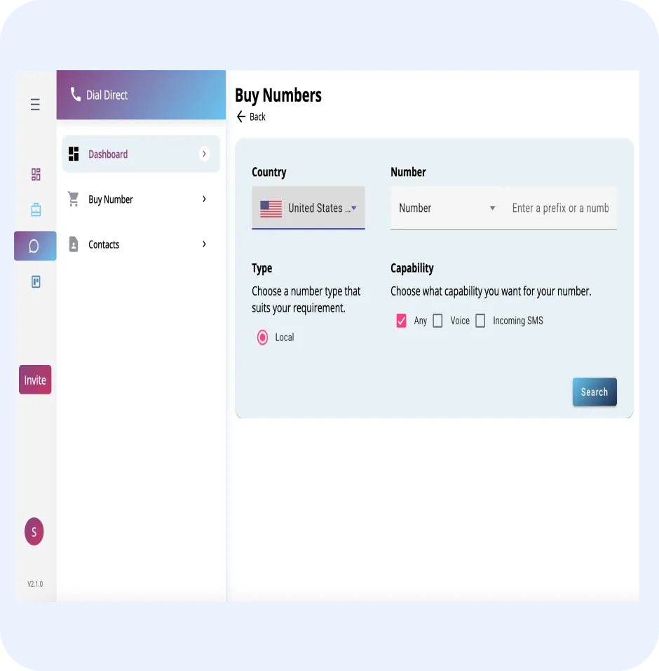 Dashboard interface of ORO AI's Dial Direct service for purchasing virtual phone numbers, featuring options for selecting country, number type, and capabilities like voice and SMS.